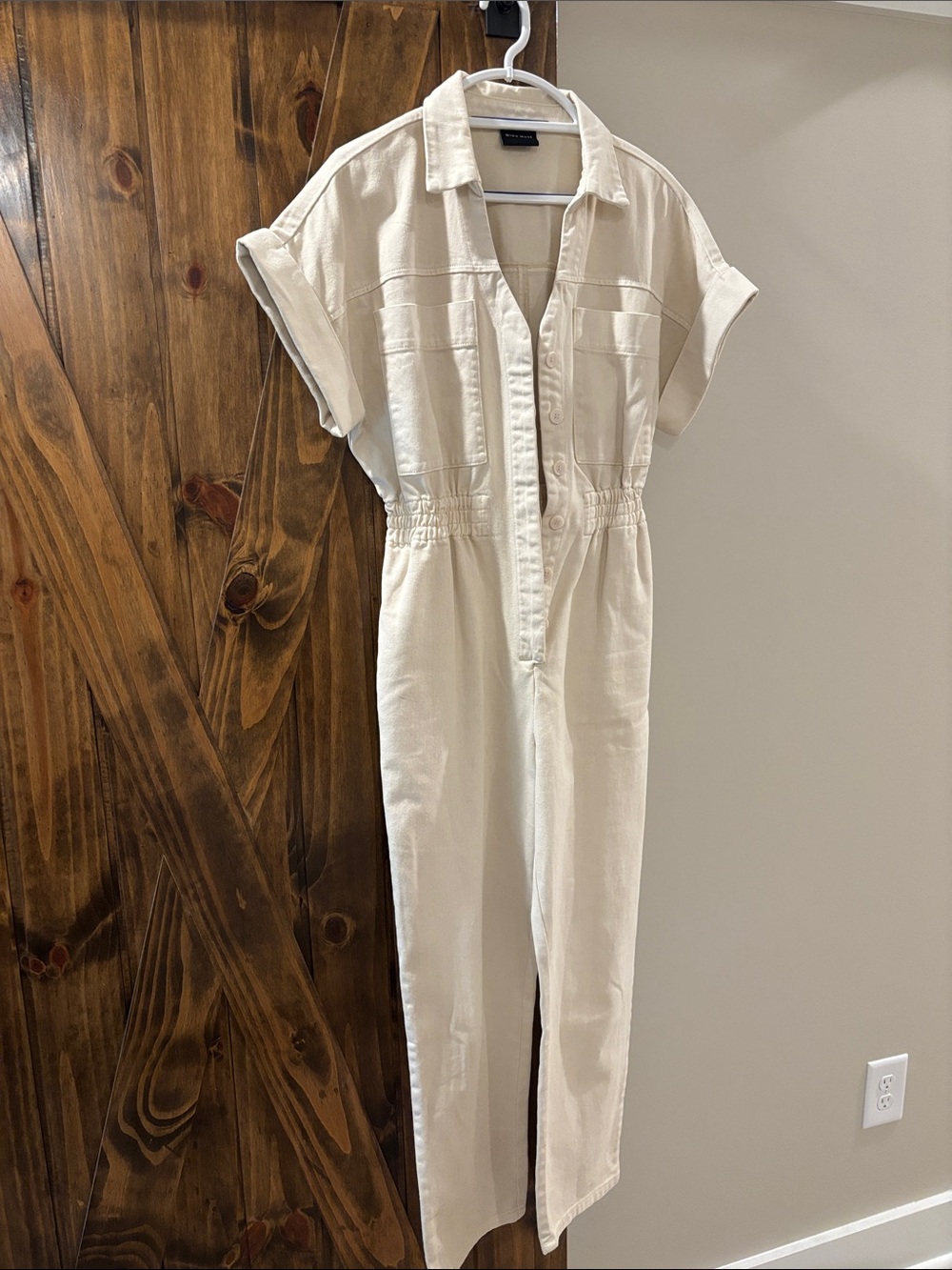 Cream Short-Sleeve Utility Jumpsuit - Relaxed Ankle-Length
